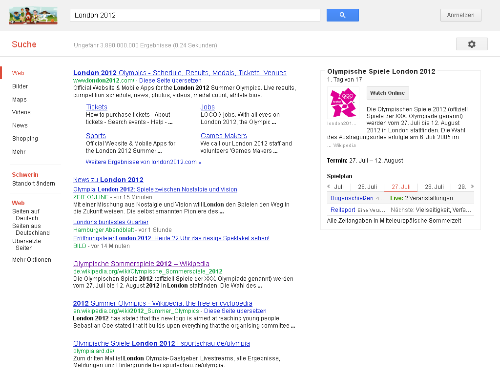 Google-Infobox zu den olympischen Spielen London 2012