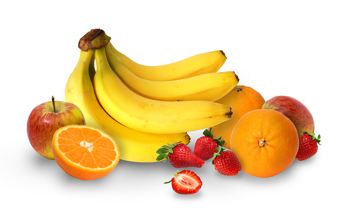Obst: Apfel, Bananen, Birne, Erdbeeren, Orangen